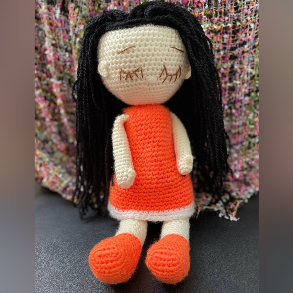 ADORABLY SPOOKY Handmade Crochet
Doll with orange dress.